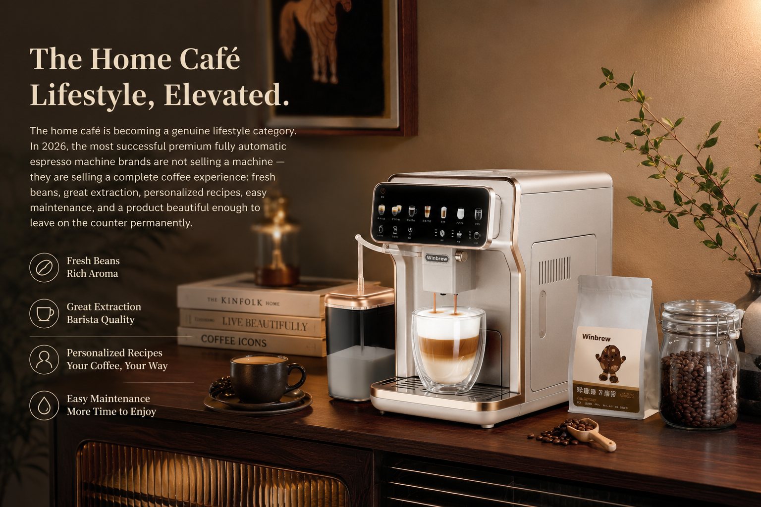 Home Café Setup Premium Bean-to-Cup Espresso Machine home café setup with premium bean-to-cup espresso machine, specialty coffee beans and cups