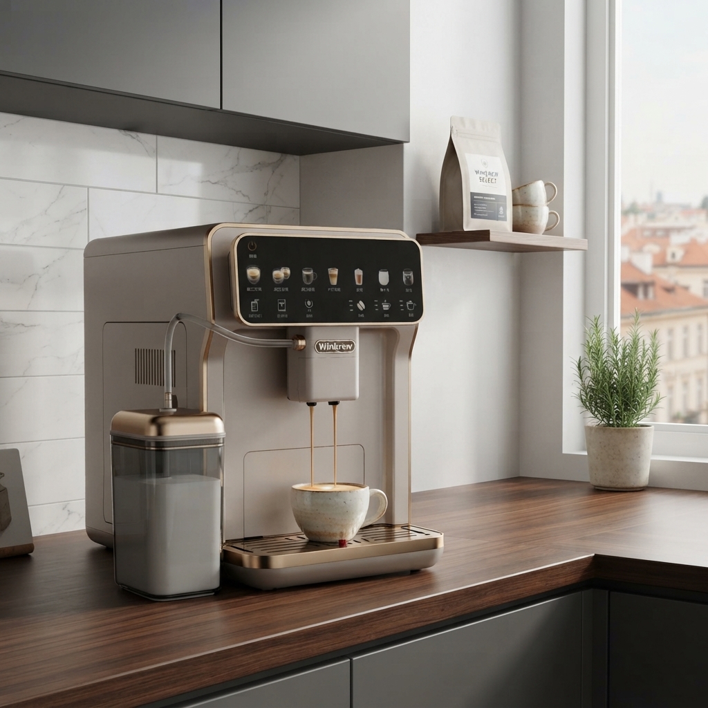 Quiet Premium Espresso Machine Compact Design quiet premium espresso machine on a compact European kitchen counter