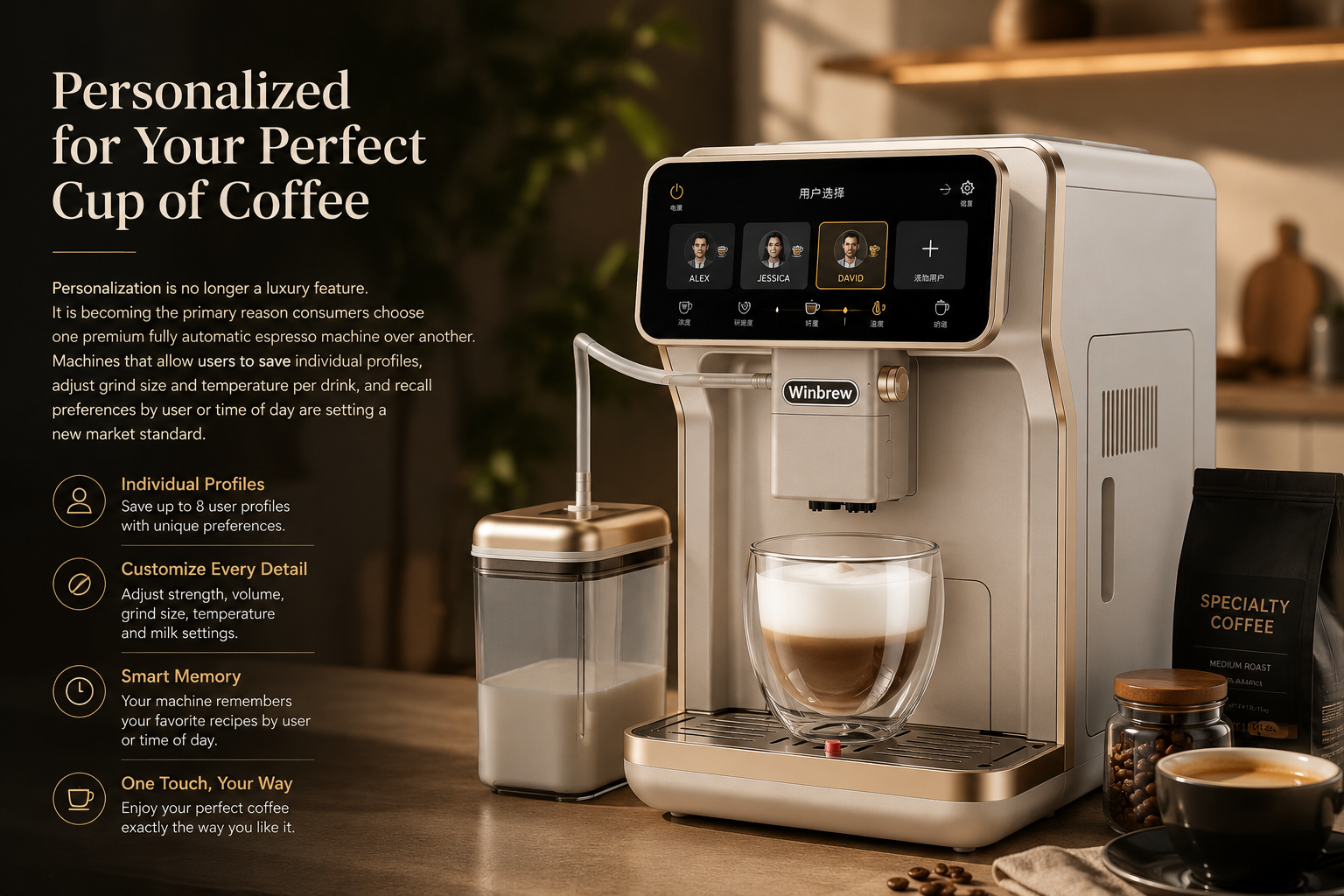 Personalized Coffee Profiles on Automatic Espresso Machine automatic espresso machine touchscreen showing personalized coffee profiles